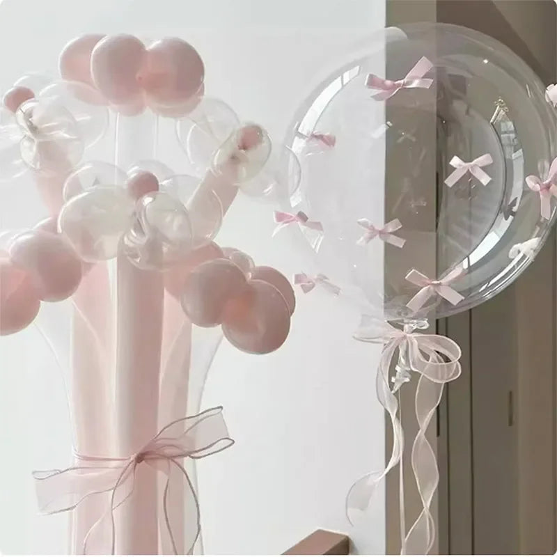 24 Inch Transparent Balloon With 10pcs Pink Bow Ribbon Sets For Valentine's Day Engagement Birthday Party Decoration Suits