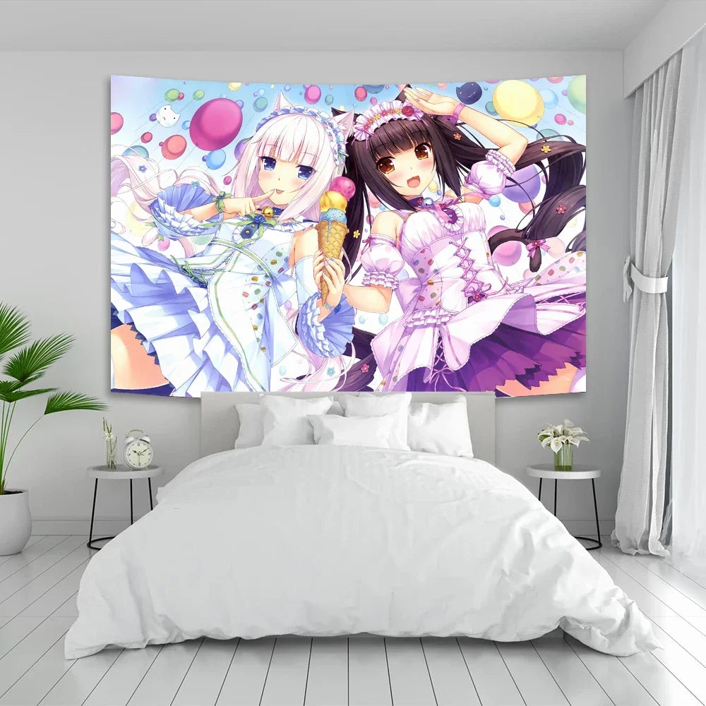 Anime Nekoparas Wall Tapestry Kawaii Background Cloth Wall Decoration Psychedelic Girls' Dormitory Pink Room Banner