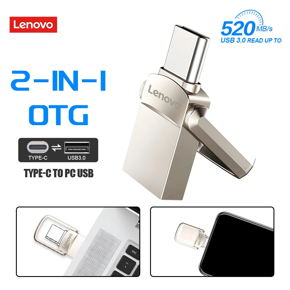 Original Lenovo 2TB Pendrive USB 3.1 Flash Drive Metal U Disk 2 IN 1 OTG 1024GB 128GB 512gb 1TB Pen Drives For Phone Computer