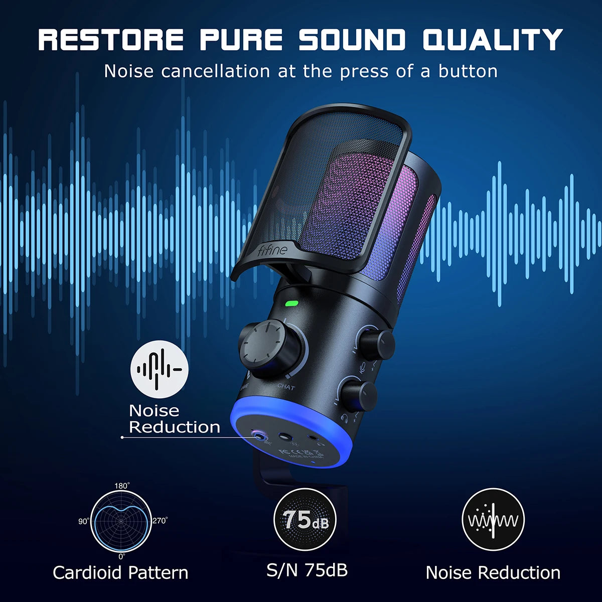 FIFINE USB Gaming Microphone with Noise Cancellation/RGB/Gain&Balance Knob,Condenser Mic for Streaming Podcasting-Ampligame AM6