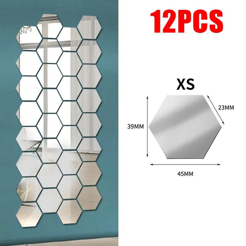 24/6pcs 3D Mirror Wall Sticker Hexagon Acrylic Self Adhesive Mirror Stickers Art Wall Decals Mosaic Tiles DIY Home Bedroom Decor