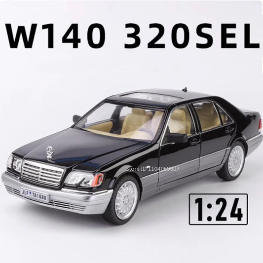 1:24 W140 320SEL Miniature Toy Car Models Alloy Diecast E300eL Vintage Cars Sound Light Pull Back Doors Opened Festival Presents