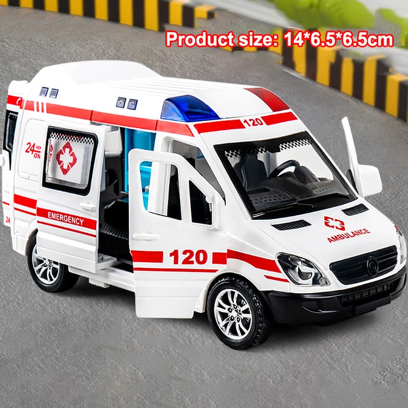 1:24 Alloy Ambulance Model Simulation Pull-back Sound and Light Die-cast Alloy Car Toy Set Children's Birthday Gift