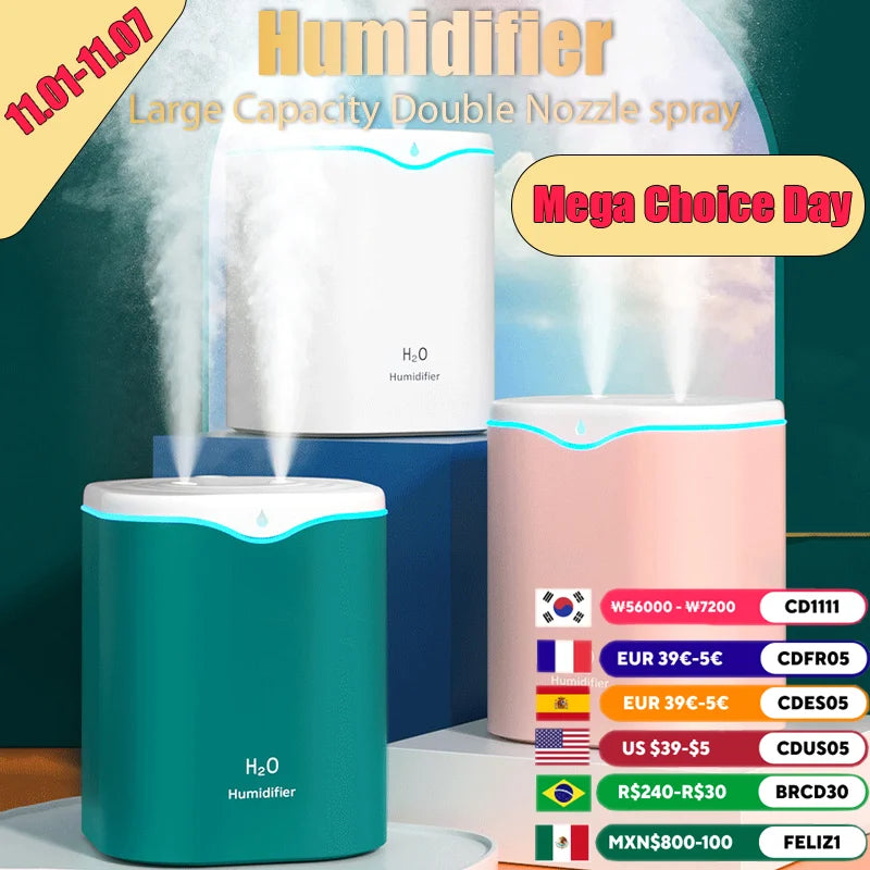 New USB Humidifiers Silent Double Spray Large Capacity Household with LED Lamp Air Conditioning Room Air Humidification Spray