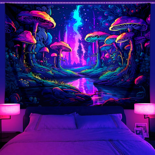 1pc UV reactive mushroom tapestry, neon effect black light tapestry, fantasy landscape mushroom forest fluorescent tapestry