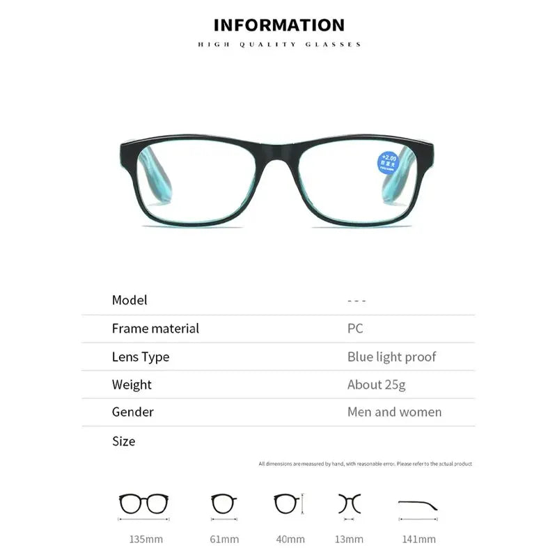 Anti Blue Light Reading Glasses Fashion Women Men Clear Sqaure Computer Presbyopic Eyeglasses Spring Legs Frame Eyewear