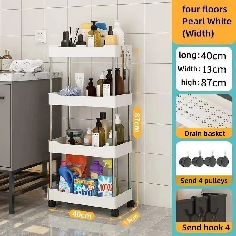 Bathroom Storage Rack With Wheels 3/4 Layer Rolling Utility Cart Bathroom Storage Organizer Multi-purpose Utility Cart