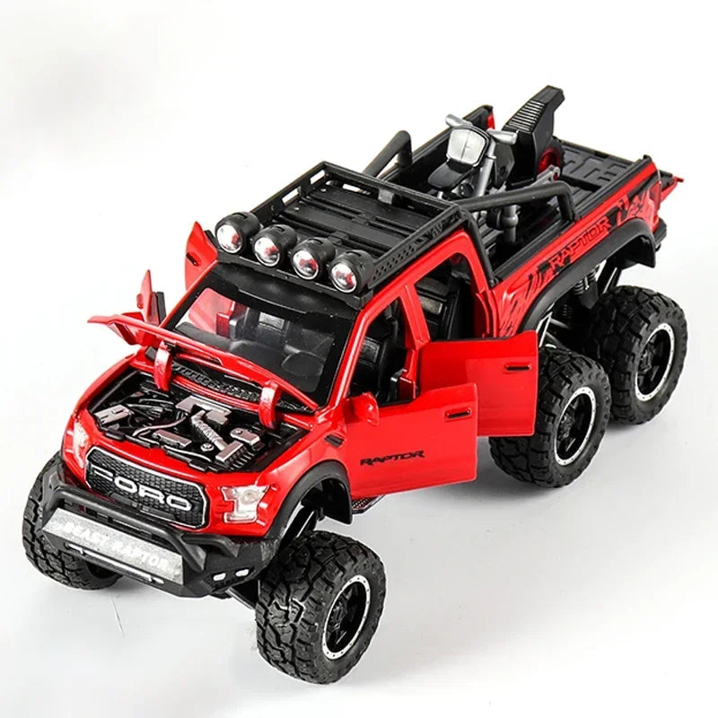 1:24 Ford Raptor F150 Model Toy Cars Alloy Diecast Off-Road Vehicles Sound Light Pull Back Doors Opened Pickup Trucks Kids Gifts