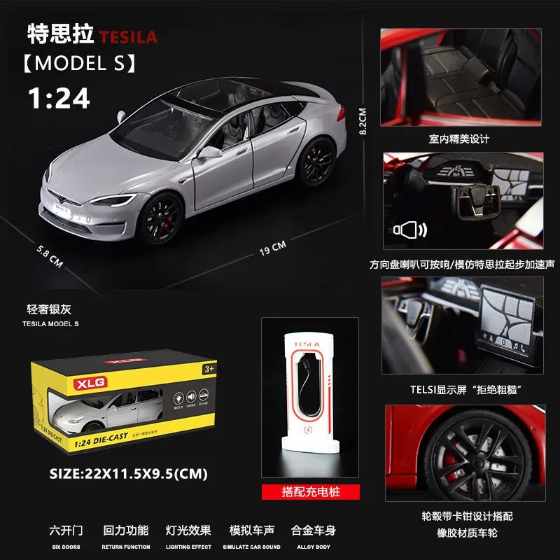 1:24 Tesla Model S Miniatures Simulation Alloy Metal Diecast Model Car Sound & Light car Toys for Kids Gifts for Boyfriend C270