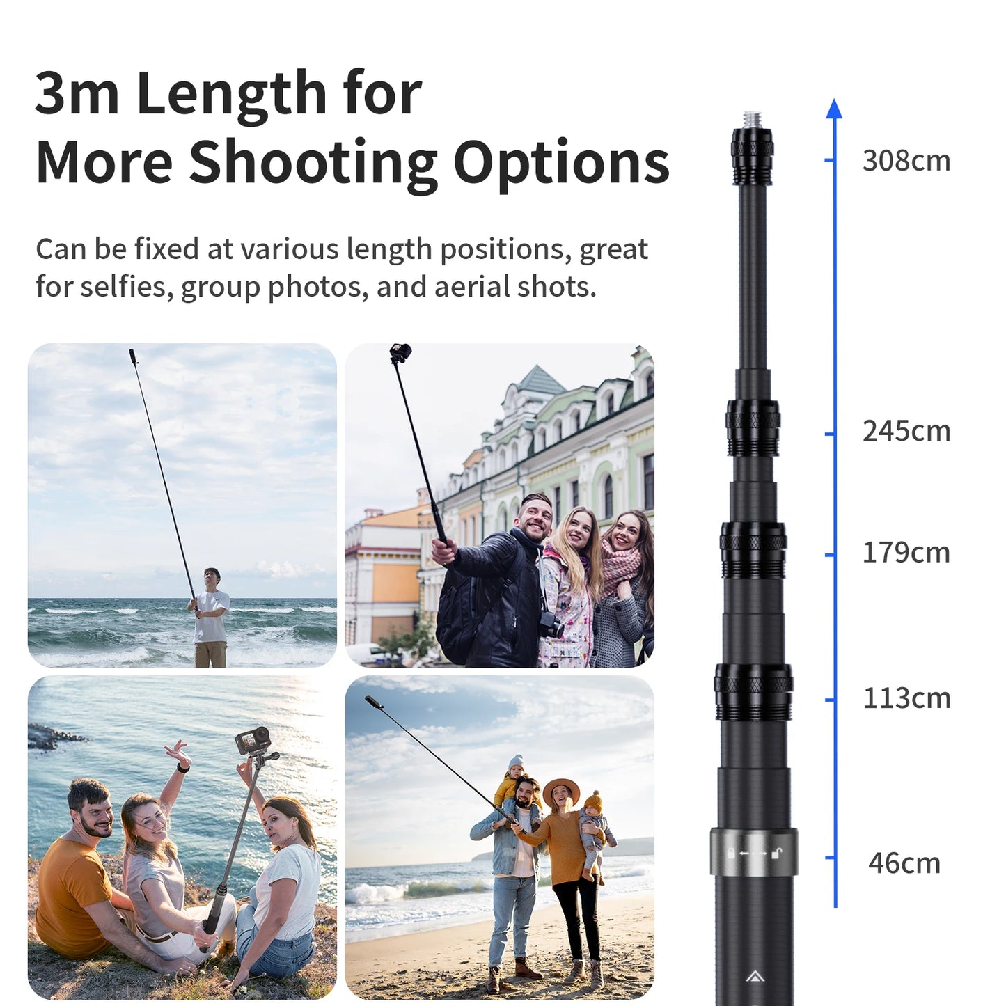 aMagisn 3M Invisible Selfie Stick , Carbon Fiber Extended Monopod 118" Long Pole for Gopro Max Insta360 X2 X3 X4 Accessories