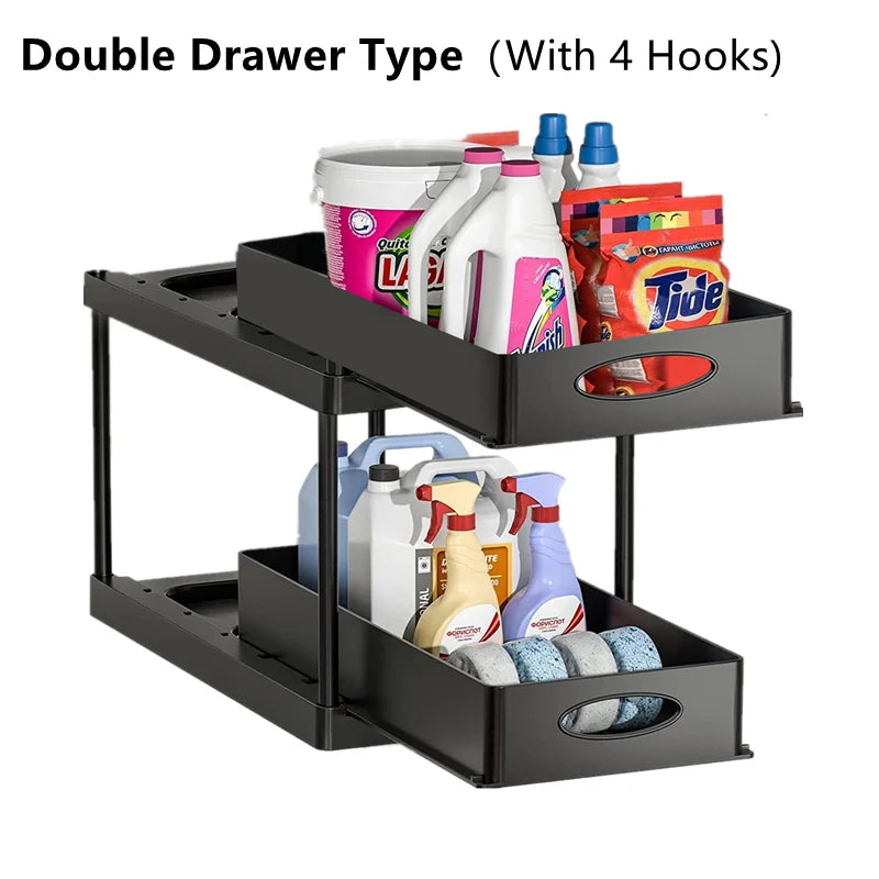 2 Tier Under Sink Organizer Sliding Cabinet Basket Organizer Storage Rack with Hooks Hanging Cup Bathroom Kitchen Organizer