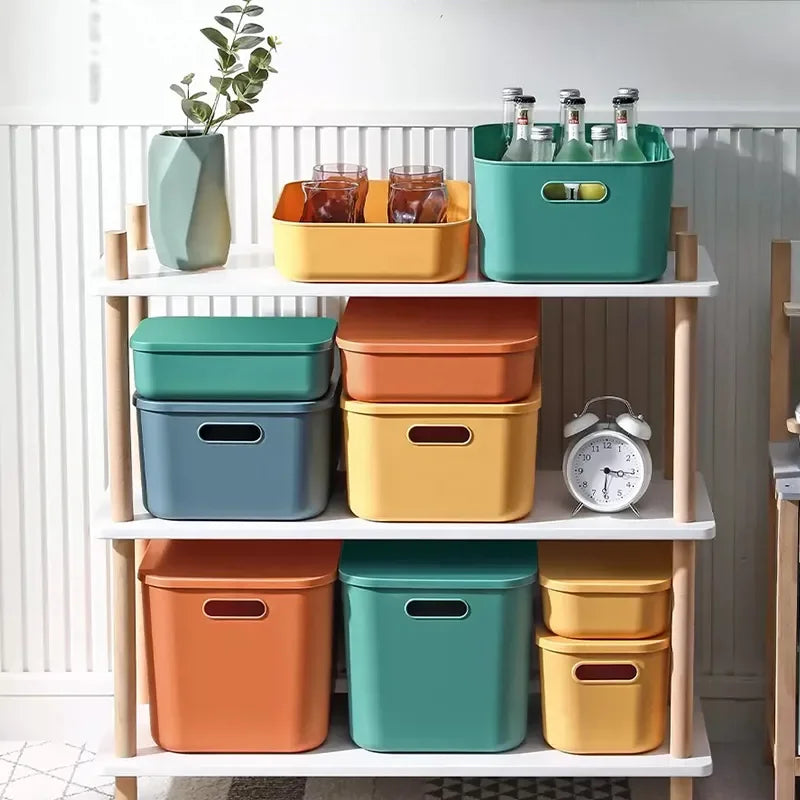 1/2 Pcs Plastic Storage Bins, Stackable Baskets with Lid and Handle,Colorful Desktop Box Cubby Containers