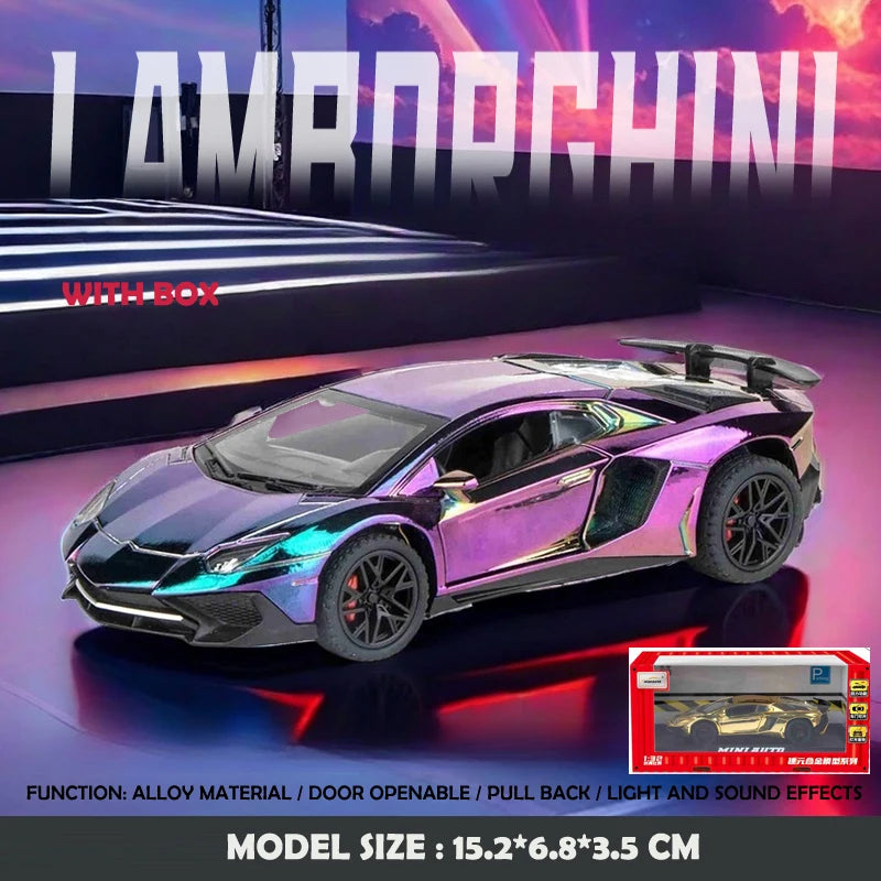 1:32 Electroplated Lamborghini SVJ LP750 Super Car Model with Sound Light Children Boy Diecast Toy Vehicle Miniature Voiture