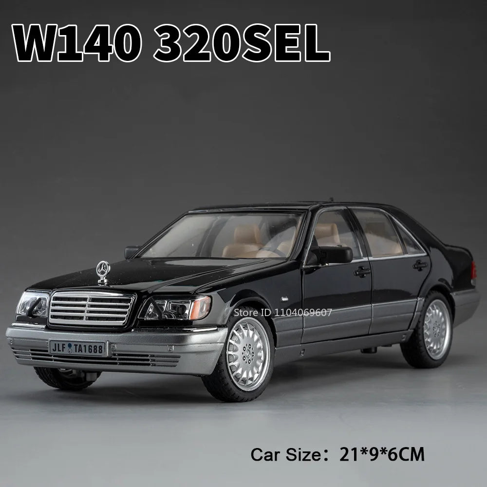 1:24 W140 320SEL Miniature Toy Car Models Alloy Diecast E300eL Vintage Cars Sound Light Pull Back Doors Opened Festival Presents