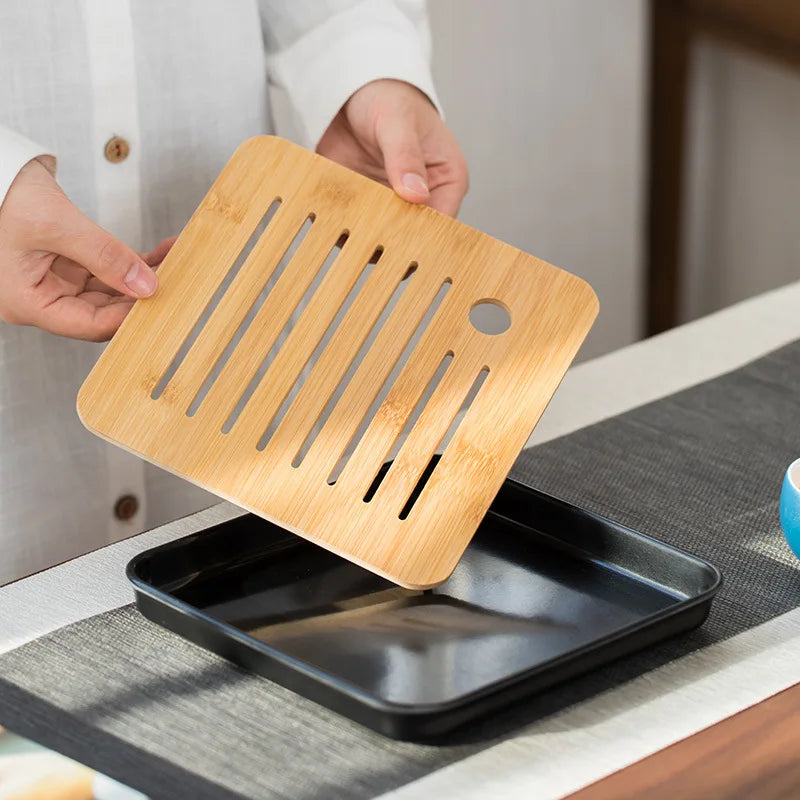 Bamboo Chinese Gongfu Tea Tray Box with Water Storage Drainage  Serving Wood Marble  Holder Table