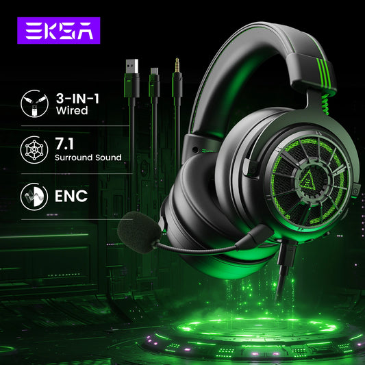 EKSA E5000 Pro Gaming Headphones with ENC Call Noise Cancelling Mic for PC/Xbox/PS4/PS5 USB/Type C/3.5mm Wired Headser Gamer 7.1