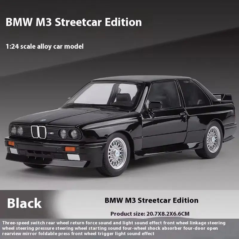 1:24 BMW M3 E30 1988 Supercar Alloy Car Model Sound and Light Pull Back Children's Toy Collectibles Birthday gift