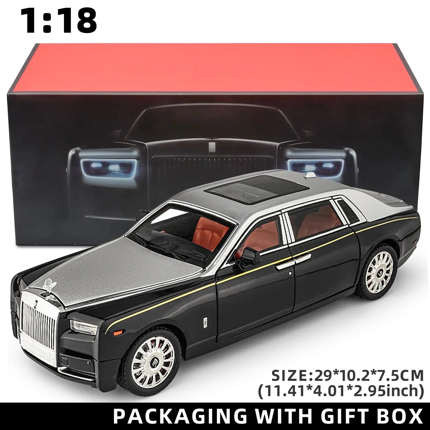 1:18 Rolls-Royce Phantom Model Car, Zinc Alloy Pull Back Toy Diecast Car with Sound and Light, Realistic Modeling Model Toy