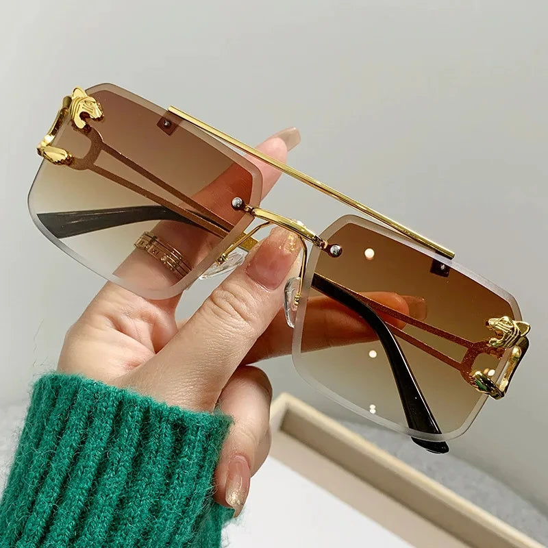 Fashion Metal Leopard Rimless Sunglasses Double Bridges Gradient  Shades UV400 Punk Fashion Glasses