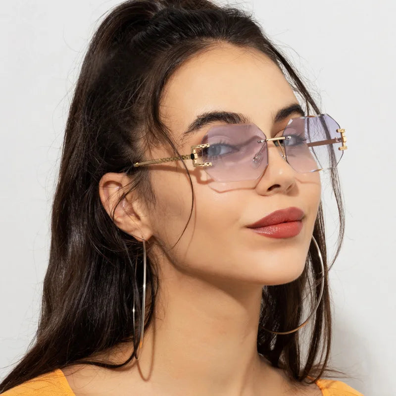 Retro Sunglasses Women Brand Designer Rimless Polygon Sun Glasses Fashion Shades Square Cutting Lens Ladies Frameless Eyeglasses