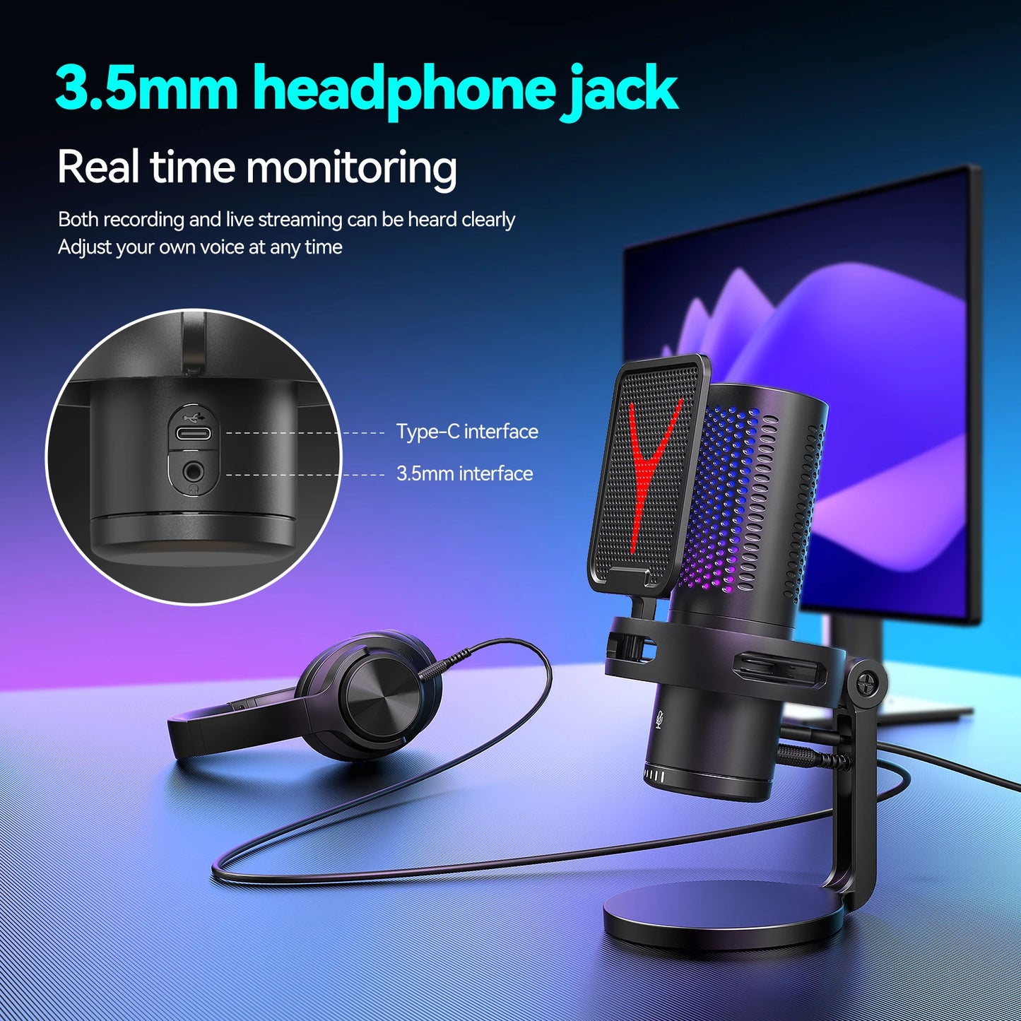 Gaming Microphone Professional Condenser Mic PC Laptop Computer Mike RGB USB Wired Studio Streaming Podcast Gamer Karaoke PC Kit