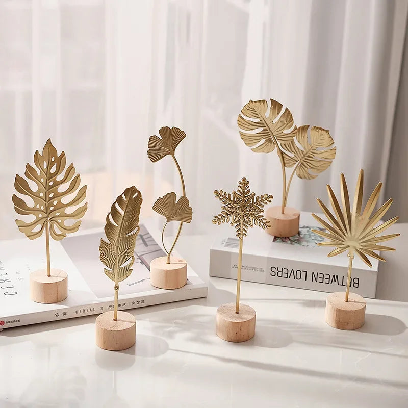 New Golden Ginkgo Leaf Feather Metal Model Figurines Manual Desktop Crafts Ornaments Photo Props Statues Sculptures Home Decor