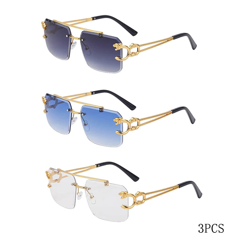 Fashion Leopard Rimless Sunglasses Double Bridges Gradient Ocean Film Shades UV400