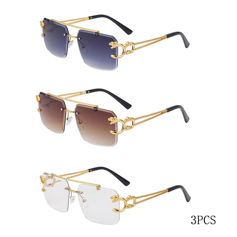 Fashion Leopard Rimless Sunglasses Double Bridges Gradient Ocean Film Shades UV400