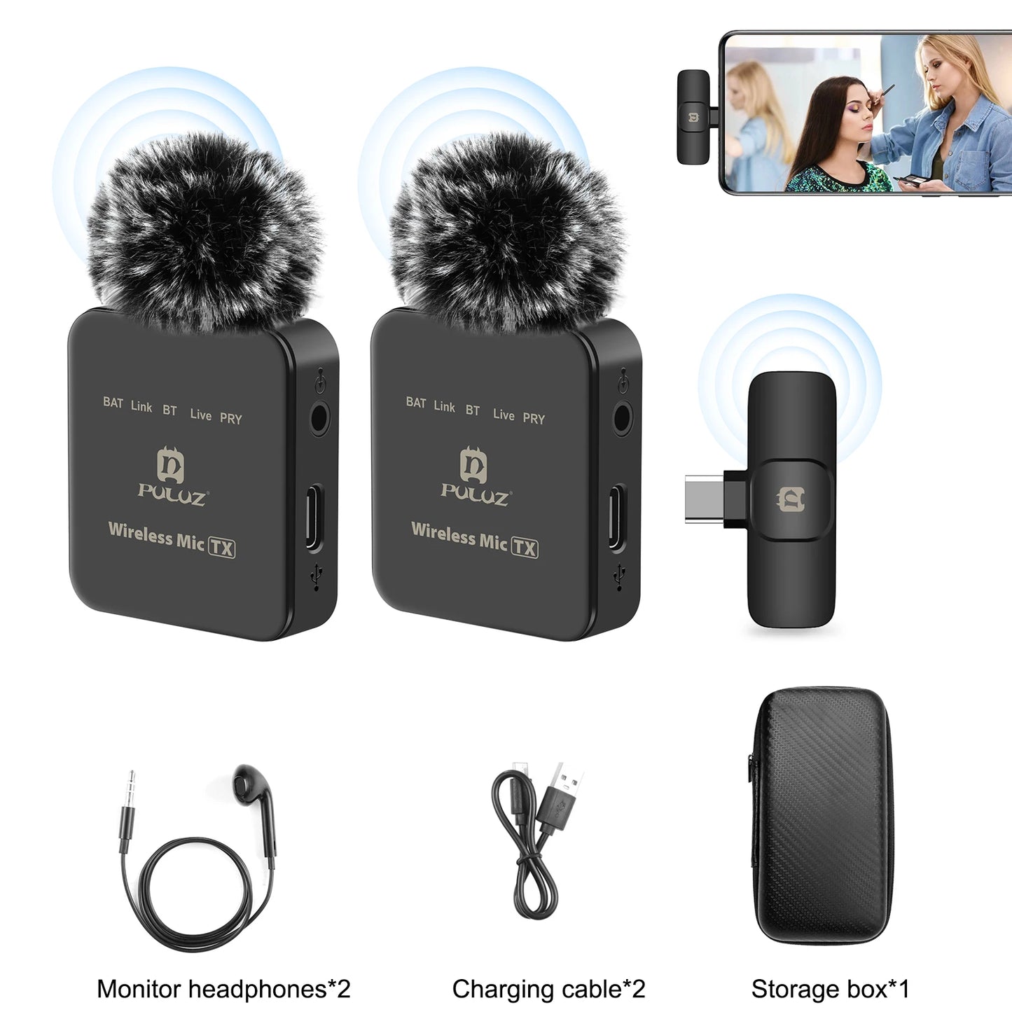 PULUZ Wireless Lavalier Microphone Portable Audio Video Recording Mini Mic for iPhone Android Outdoor Live Broadcast Phone Mic