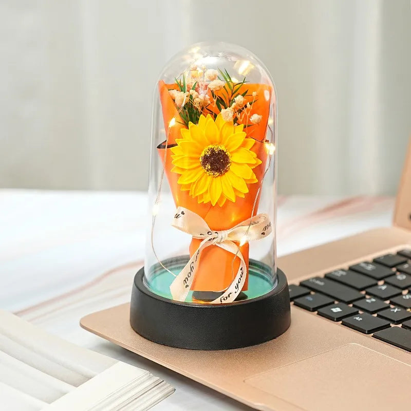 Starry Sky Rose Sunflower Desktop Ornament With LED Creative Gift Valentine's Day Bouquet Soap Flower Romantic Gift Home Decor