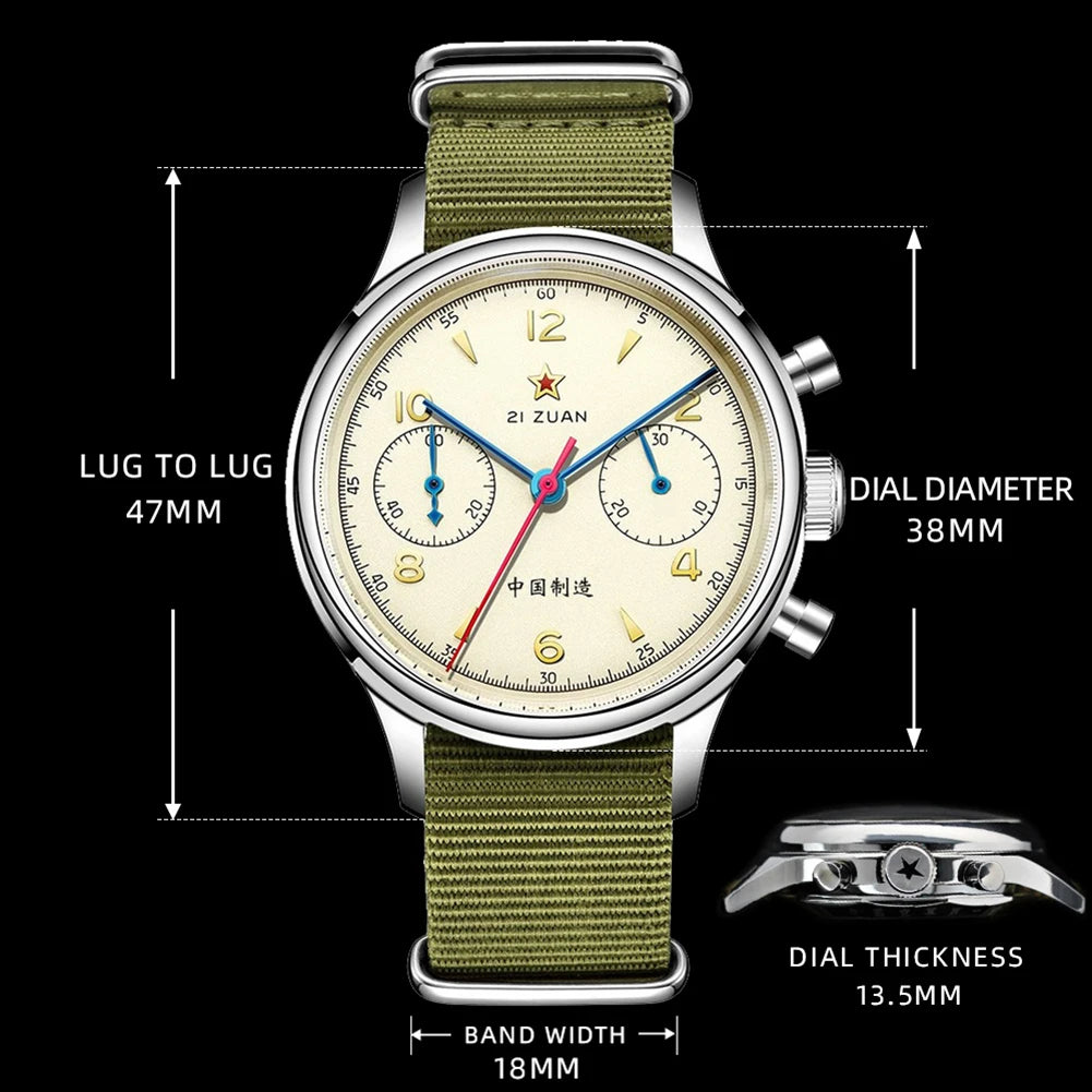 RED STAR 38mm Men's 1963 Chronograph Mechanical Watch Pilot with Seagull Movement ST1901 Air Force Aviation Sapphire Goose 40mm