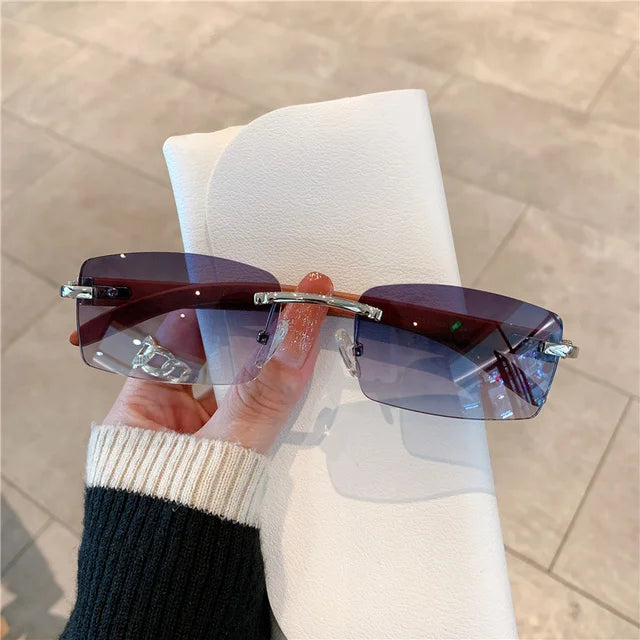 Rimless Sunglasses For Men Women Wooden Pattern Luxury Brand Retro Sun Glasses Fashion Shades UV400 Travel Outdoor