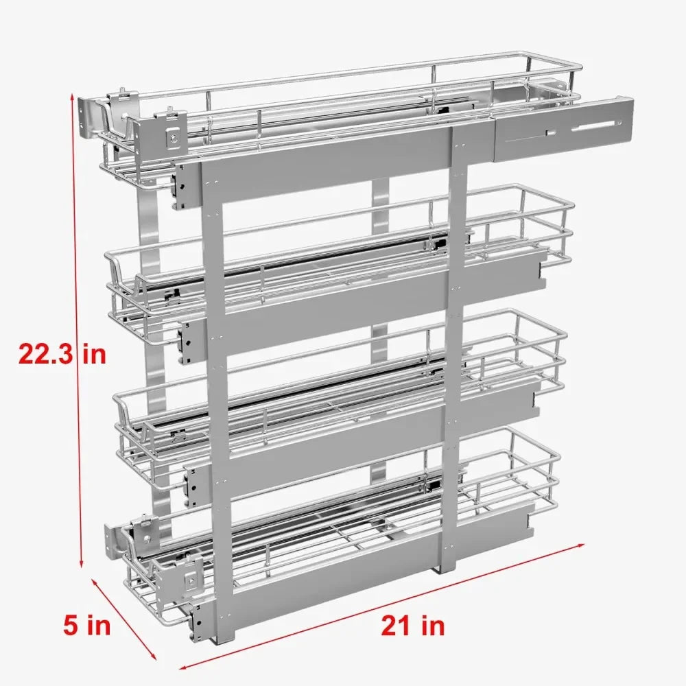 4-Tier Narrow Pull Out Cabinet Organizer, Roll out Spice Rack Holder Shelve 5" W x 21" D