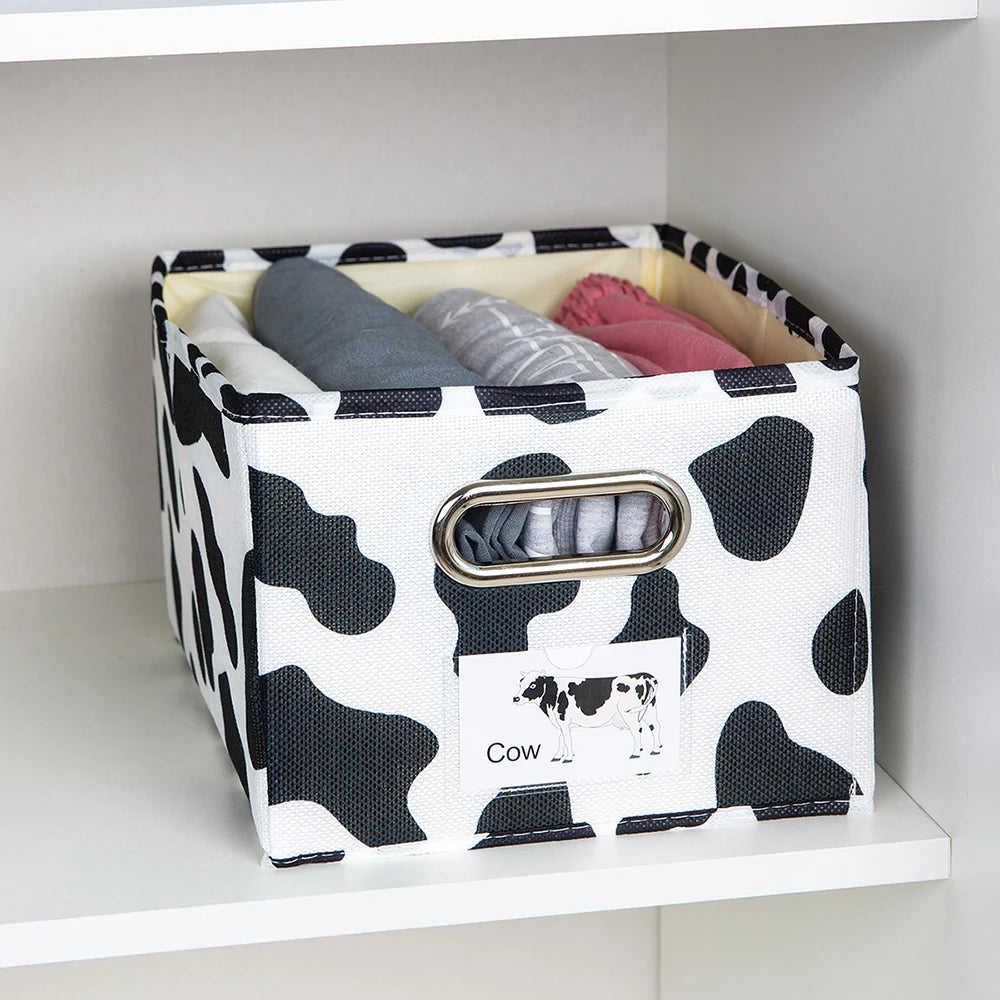 1PC Cotton and linen uncovered drawer style storage box, black and white cow printed clothing storage box