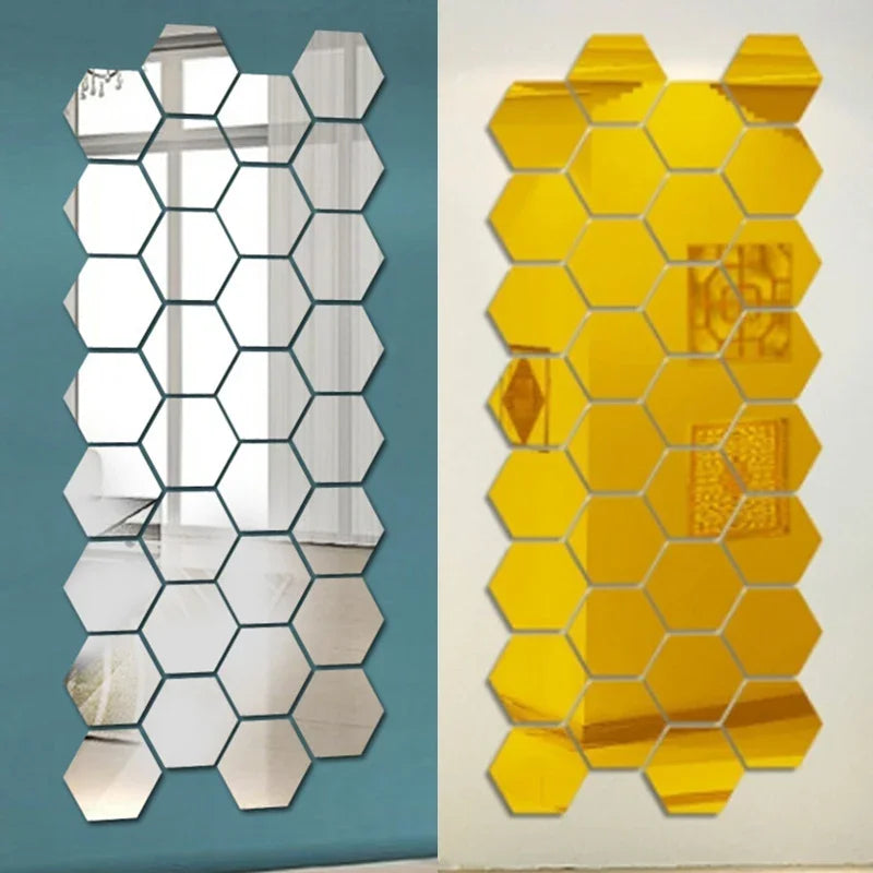 24/6pcs 3D Mirror Wall Sticker Hexagon Acrylic Self Adhesive Mirror Stickers Art Wall Decals Mosaic Tiles DIY Home Bedroom Decor