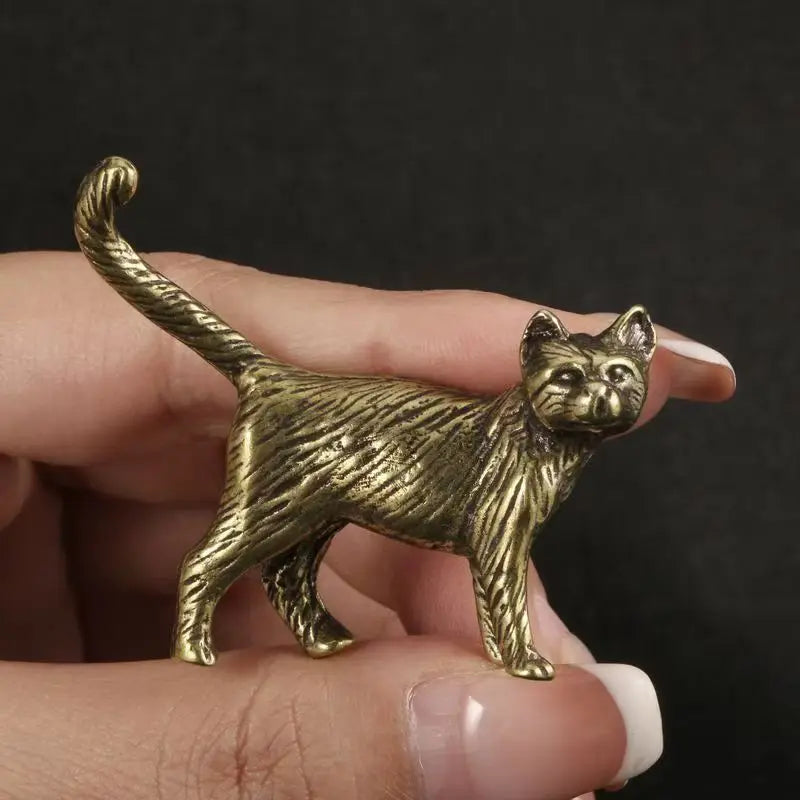 Creative Retro Brass Little Pet Cat Statue Interesting Mini Long-Tailed Cat Tabletop Ornament Miniature Home Decor Crafts Gift