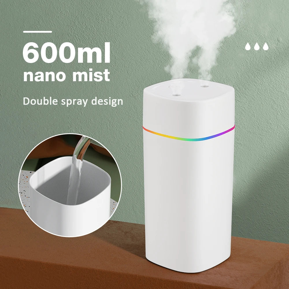 Air Humidifier Double Spray Port Essential Oil Aromatherapy Humidifier Mute Atomizer Colorful Lights For Home Office Car 600ML