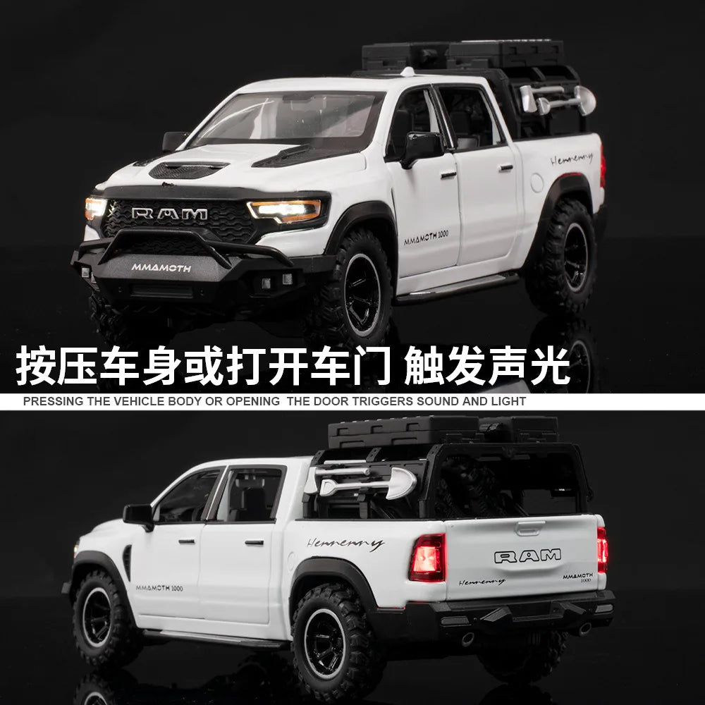 New 1:32 Dodge RAM 1000 TRX Mammoth Picku Alloy Car Model Sound and Light Pull Back Children's Toy Collectibles Birthday Gift