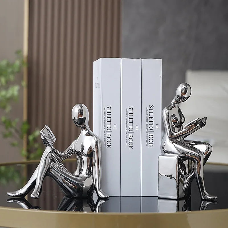 Modern 1Set/2Pcs Ceramic Girl Figure Book BlockBook Shelf Stopper Holder Bookend Home Desktop Study Room Ornament Sculpture