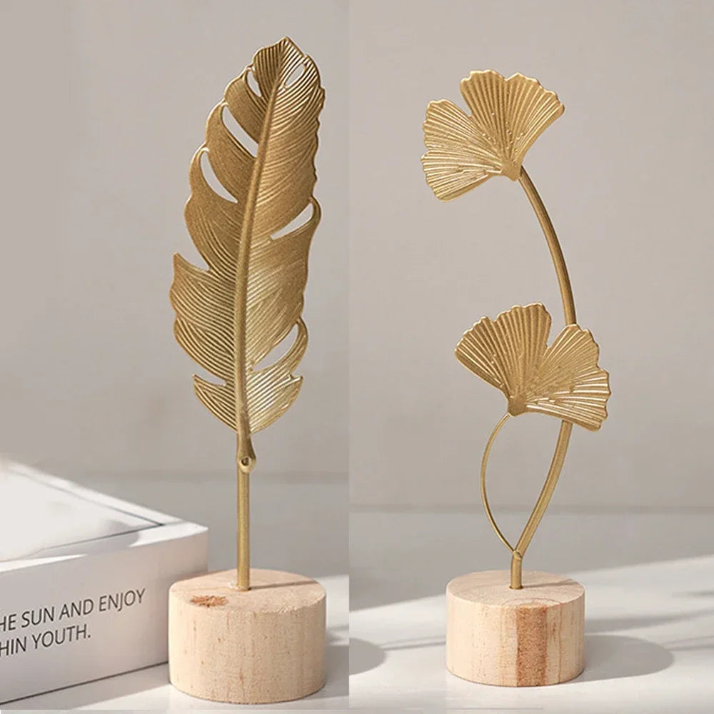 New Golden Ginkgo Leaf Feather Metal Model Figurines Manual Desktop Crafts Ornaments Photo Props Statues Sculptures Home Decor