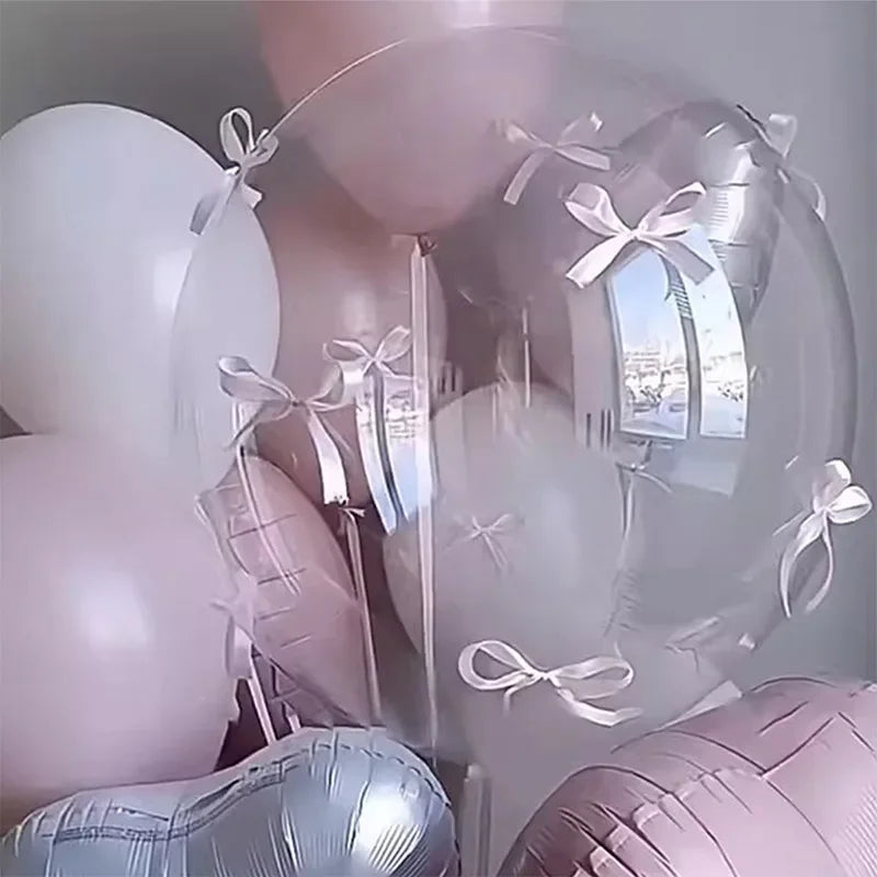 24 Inch Transparent Balloon With 10pcs Pink Bow Ribbon Sets For Valentine's Day Engagement Birthday Party Decoration Suits