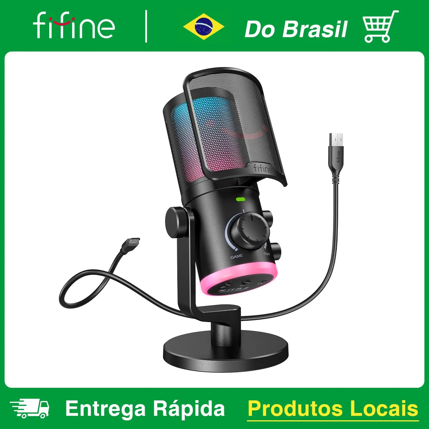 FIFINE USB Gaming Microphone with Noise Cancellation/RGB/Gain&Balance Knob,Condenser Mic for Streaming Podcasting-Ampligame AM6