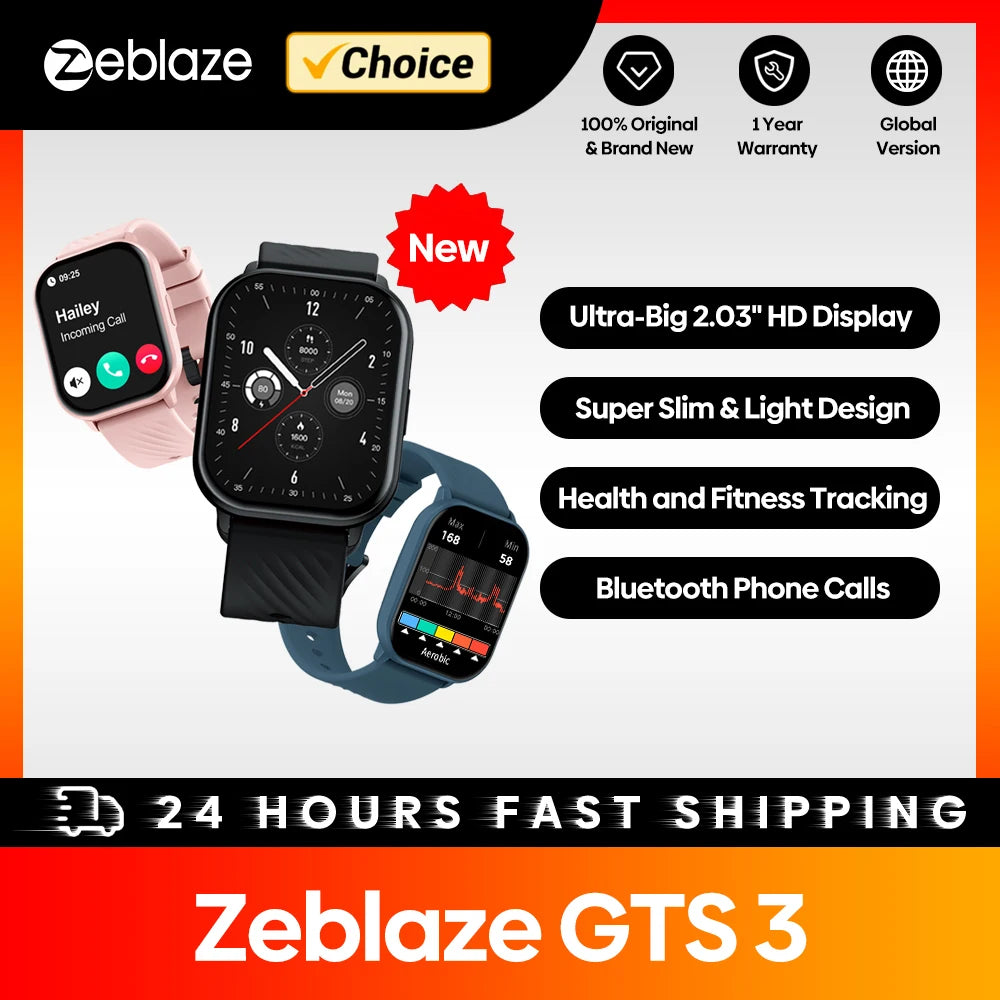 New Zeblaze GTS 3 Voice Calling Smart Watch Ultra-big 2.03'' HD Screen 24H Health Monitor 100+ Sports Modes 200+ Watch Faces