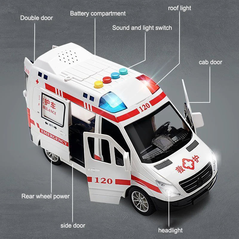 1:24 Alloy Ambulance Model Simulation Pull-back Sound and Light Die-cast Alloy Car Toy Set Children's Birthday Gift