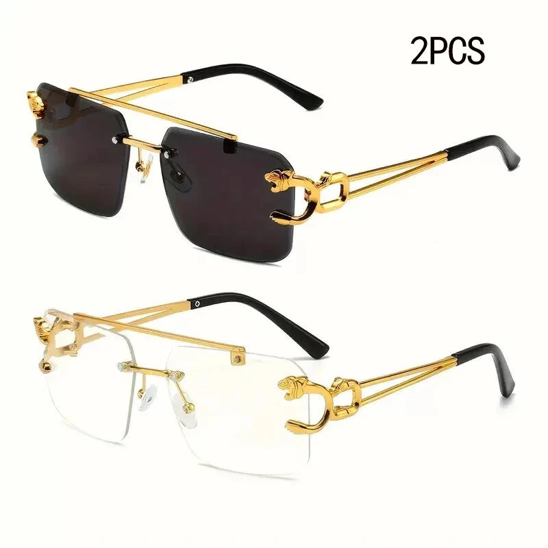 Fashion Leopard Rimless Sunglasses Double Bridges Gradient Ocean Film Shades UV400