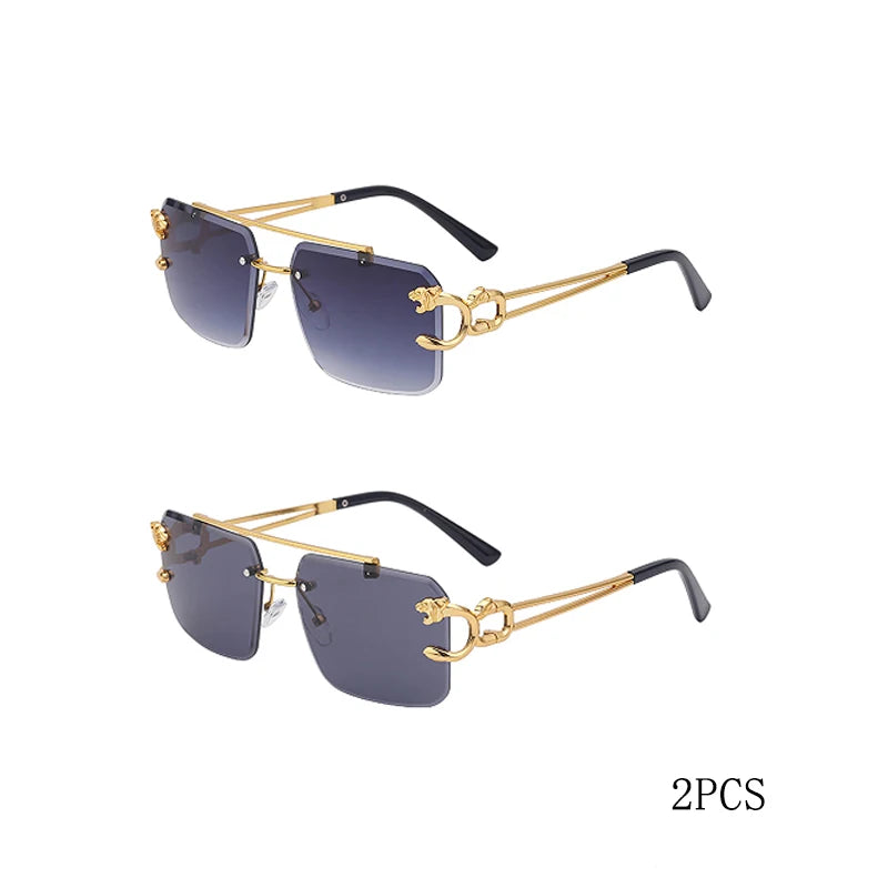 Fashion Leopard Rimless Sunglasses Double Bridges Gradient Ocean Film Shades UV400