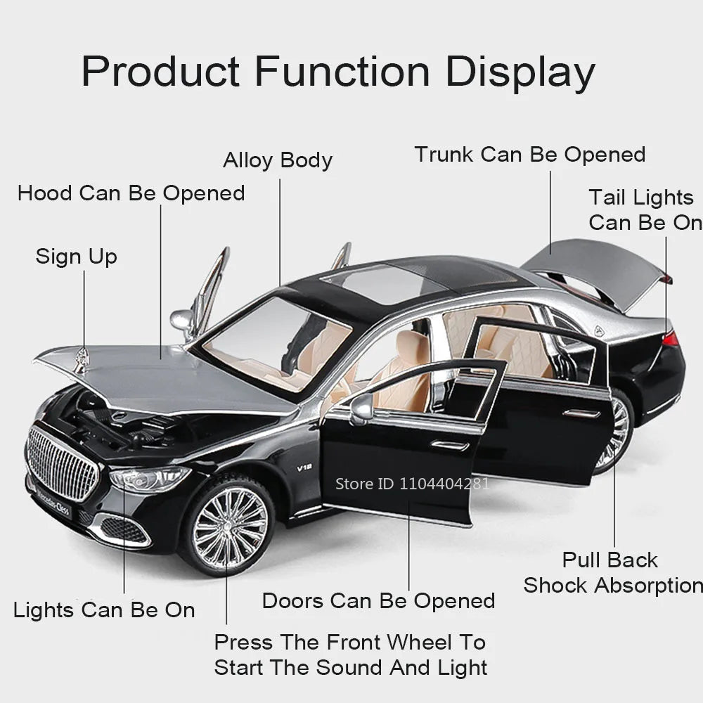 1:24 Maybach S680 GLE350 Car Toys Diecast Alloy Model Sound Light Pull Back Doors Opened Front Wheel Steering Vehices Kids Gift