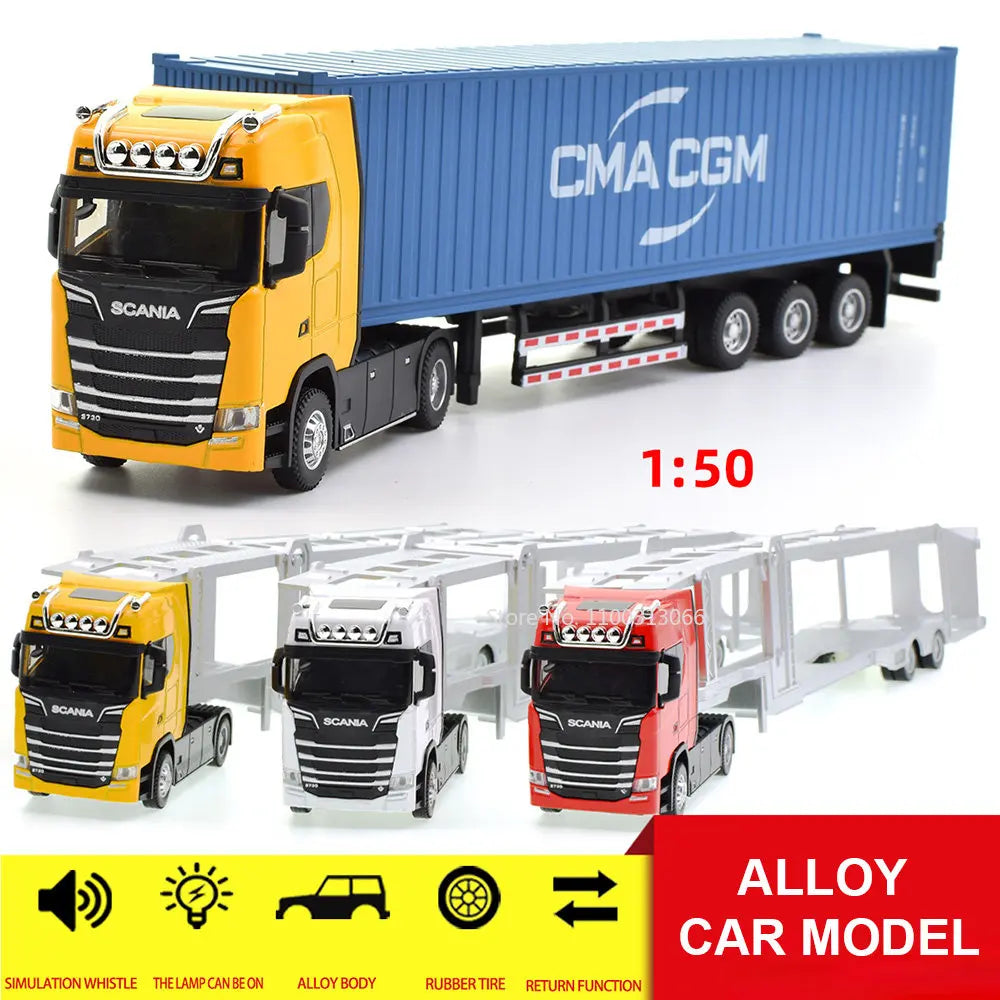 1:50 Simulation Alloy Diecast Large Truck Head Model Container Toy Pull Back Sound Light Engineering Transport Vehicle For Kids