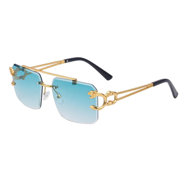 Fashion Leopard Rimless Sunglasses Double Bridges Gradient Ocean Film Shades UV400