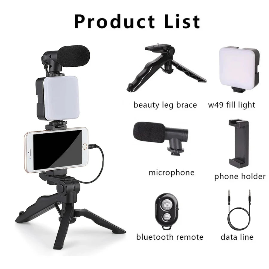 Smartphone Vlogging Kit With Tripod Phone Holder Mini Microphone LED Fill Light Starter For TikTok Live Stream Video YouTube